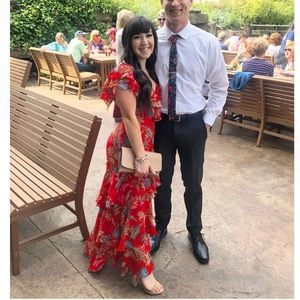 WAYF Chelsea tiered red floral midi dress